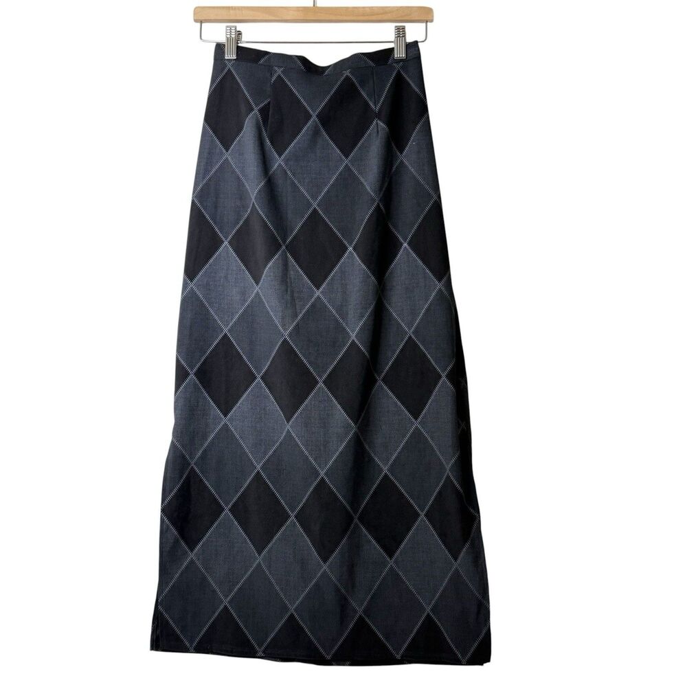 VTG Notations Argyle Maxi Skirt Sz S Black Gray Patchwork Grunge Dark Academia